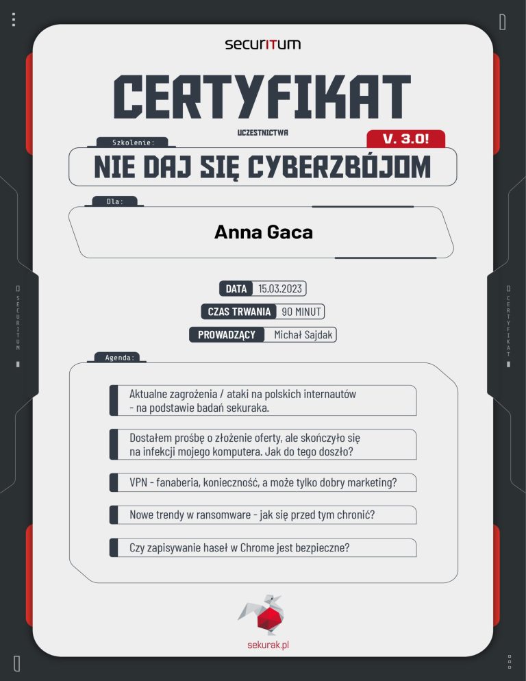 certyfikat uczestnictwa w szkoleniu z cyberbezpieczeństwa