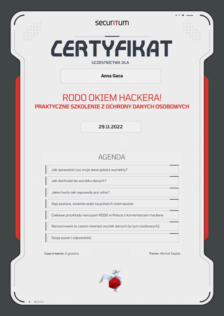 certyfikat z udziału w szkoleniu z ochrony danych osobowych