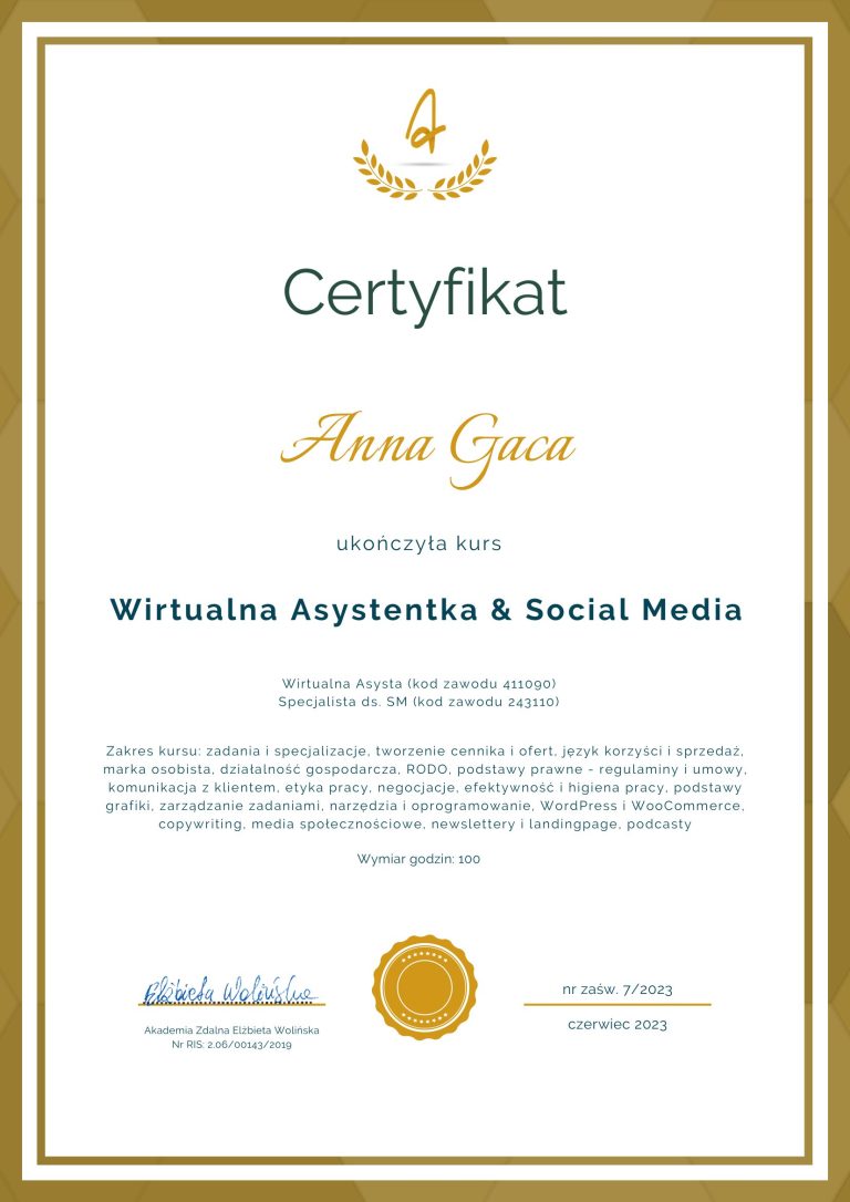 certyfikat ukończenia indywidualnego kursu na wirtualną asystentkę